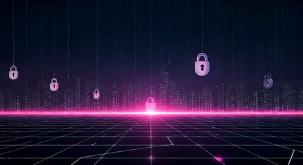 Cyberpunk city skyline with glowing locks for security solutions and data protection in the digital age