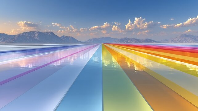 Abstract Rainbow Road Leading to Mountains Under a Cloudy Sky. - Powered by Adobe