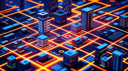 Futuristic neon cityscape with glowing circuits and abstract architecture
