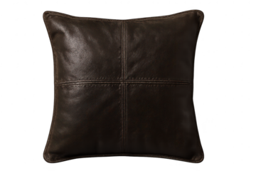 Stylish brown leather decorative pillow, isolated on transparent background