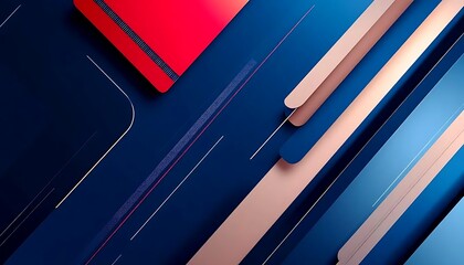 Modern abstract geometric background with layered blue, red, and beige shapes, lines, and gradients creating a dynamic digital design.