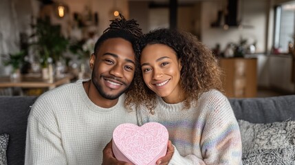 A young man and a young mixed-race woman smile while holding a pink heart-shaped box. They are indoors, surrounded by plants and a cozy living space.