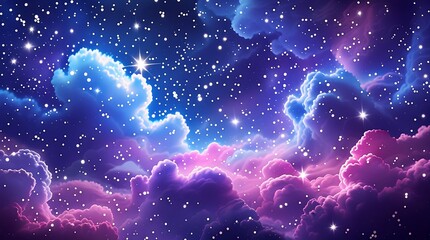 Vibrant cosmic nebula with swirling clouds of blue and pink interstellar gas and distant twinkling stars