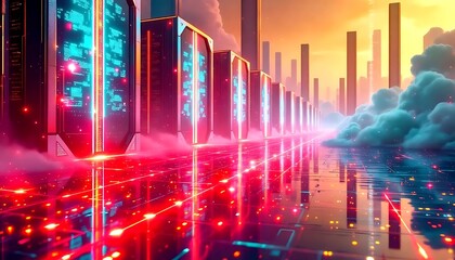 Vibrant digital infrastructure of a futuristic data center with glowing server racks and network connections