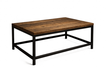 Rustic industrial style wooden coffee table, isolated on transparent background.