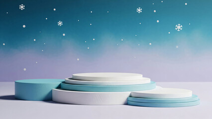 Round multilevel podium or stage for product presentation with winter background and falling snow. Display platform for New Year, Christmas, holiday.