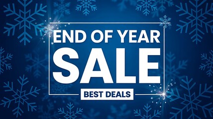 End of year sale banner with snowflakes on blue background
