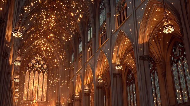 Gothic Cathedral Interior with Ornate Chandeliers and Stained Glass Windows.