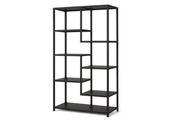 Modern black metal geometric shelving unit isolated on transparent background