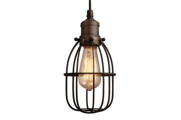 Industrial style Edison bulb pendant light in metal cage, isolated on transparent background