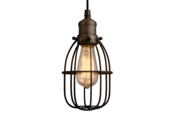 Industrial style Edison bulb pendant light in metal cage, isolated on transparent background