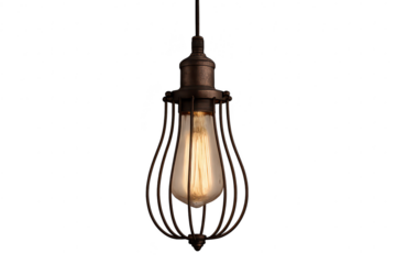 Vintage Edison bulb in rustic cage pendant lamp, isolated on transparent background