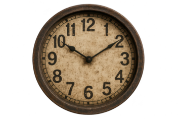 Classic rustic wall clock with distressed face, isolated on transparent background.
