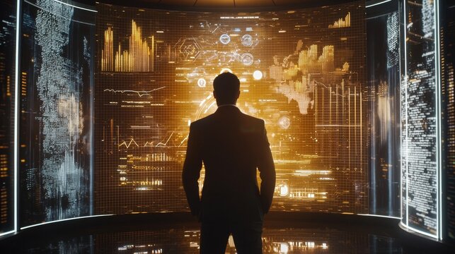 A businessman interacts with a digital interface, analyzing data in a modern, high-tech environment.