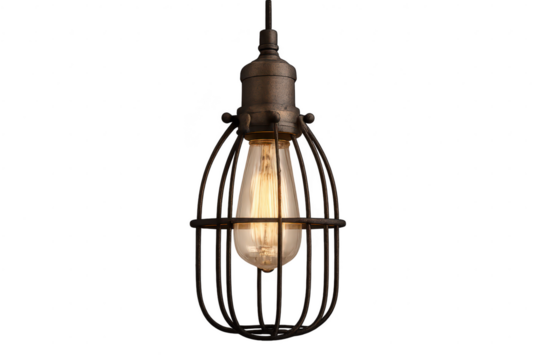 Industrial style Edison bulb pendant light in metal cage, isolated on transparent background