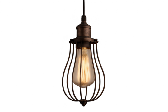 Vintage Edison bulb in rustic cage pendant lamp, isolated on transparent background