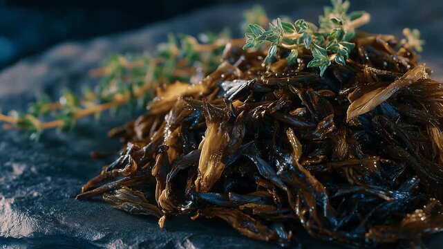 Close-up view of glossy dark tea leaves mixed with thyme on a rough black surface, cinematic lighting enhancing depth and color contrast