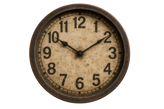 Classic rustic wall clock with distressed face, isolated on transparent background.