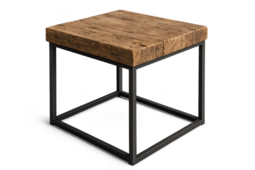 Stylish wooden top industrial side table isolated on transparent background