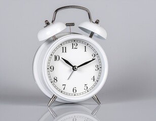 A white analog alarm clock with black hands and numerals is centered on a reflective surface, symbolizing time management, promptness, and the structure of daily schedules