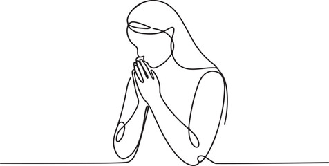 Continuous line drawing of Christian women prayer, vector illustration. one line Icon drawing