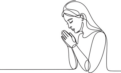 Continuous line drawing of Christian women prayer, vector illustration. one line Icon drawing