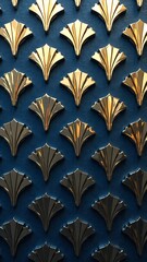 Art Deco fan pattern on a dark blue textured background with metallic gold and silver accents, creating a luxurious and sophisticated geometric design