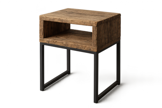 Rustic wooden side table with metal frame, isolated on a transparent background.