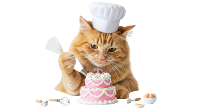 Ginger cat chef decorating a cake isolated PNG with Transparent Background - Powered by Adobe