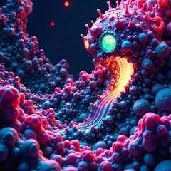 Obraz premium Microscopic View of a Pathogen or Cell Structure, Illuminated by a Bioluminescent Glow Emitting from an Opening, Suggesting a Biological Process or Discovery in a Scientific Context