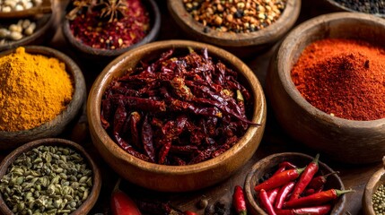 Fototapeta premium Vibrant Selection of Dried Spices in Wooden Bowls on Dark Background Showcasing Rich Colors and Varied Textures Ideal for Culinary Design and Food Art