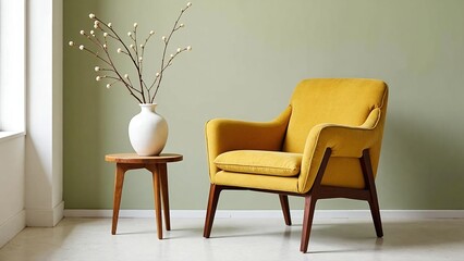 Stylish Mid-Century Modern yellow armchair paired with a minimalist wooden side table and a decorative vase, creating a cozy and inviting living space with ample copy space for design projects