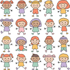 Cartoon vector seamless pattern of children's faces, a group of smiling boy and girl kids, fun school character design illustration set, and baby person art drawing