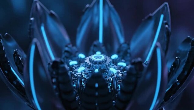 Futuristic cybernetic flower with an intricate microchip core and luminous blue energy lines symbolizing technological growth