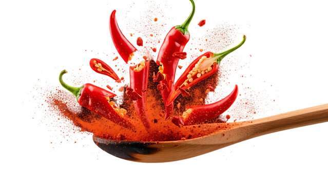 Red chili peppers exploding from a wooden spoon isolated on transparent background