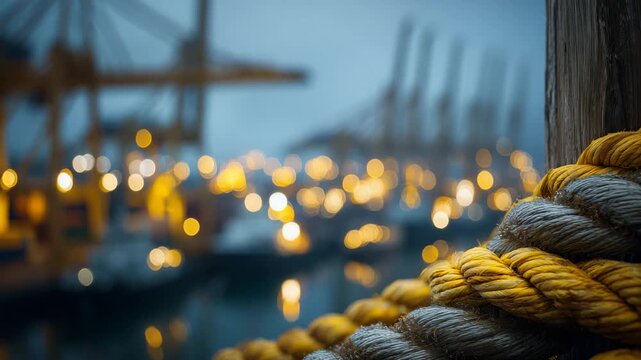 Detailed focus on weathered bollard surface and twisted rope fibers, port cranes and ships forming a soft, cinematic bokeh backdrop