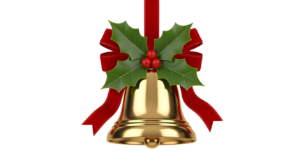 Festive golden bell adorned with a red ribbon and holly for a joyous holiday celebration.