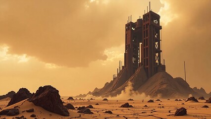 Cinematic wide shot of a post-apocalyptic wasteland featuring a towering ruin on a desolate landscape under a cloudy sky, evoking a sense of desolation and mystery