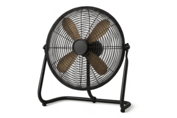 Black metal floor fan with bronze blades, isolated on transparent background.