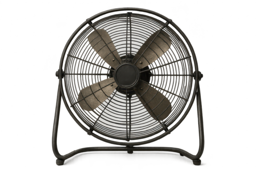 Industrial dark metal floor fan isolated on transparent background for cooling.
