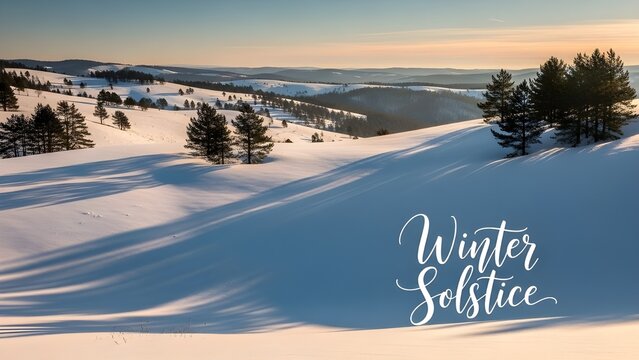 Winter solstice in a snow covered mountain range with evergreen trees and a golden sunset