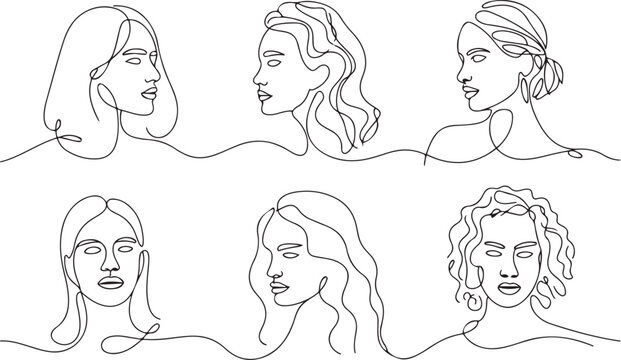 Continuous line, drawing of set faces and hairstyle, fashion concept, woman beauty minimalist, vector illustration for t-shirt. one line Icon drawing