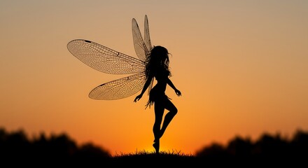 Silhouette of a graceful fairy with delicate wings against a vibrant orange sunset, embodying magic and fantasy.
