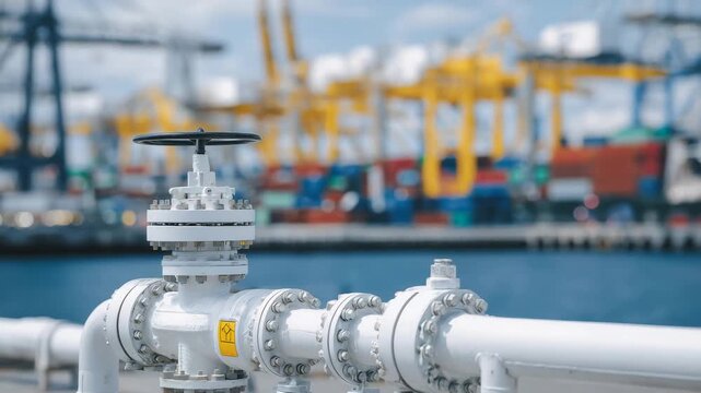Detailed view of interconnected gas pipelines at a busy port, valves and flanges highlighted, cranes and container stacks softly blurred behind