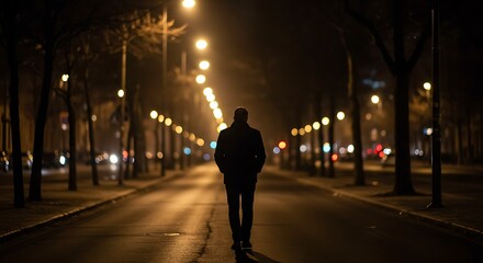 Solitary Figure Walks Down a Quiet City Street at Night Under Warm Streetlights.