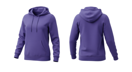 photorealistic commercial photography of a flawless, blank women's royal purple fleece pullover hoodie, showing front and back views, isolated on a transparent background with ample copy space for