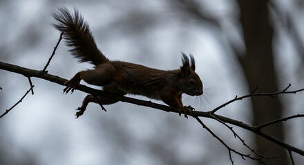 Squirrel on a Branch in Silhouette Against a Bright Sky.