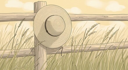 Straw hat hanging on a rustic wooden fence post in a golden field.