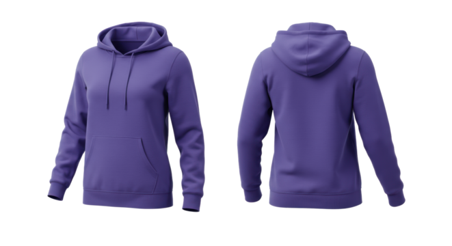 photorealistic commercial photography of a flawless, blank women's royal purple fleece pullover hoodie, showing front and back views, isolated on a transparent background with ample copy space for