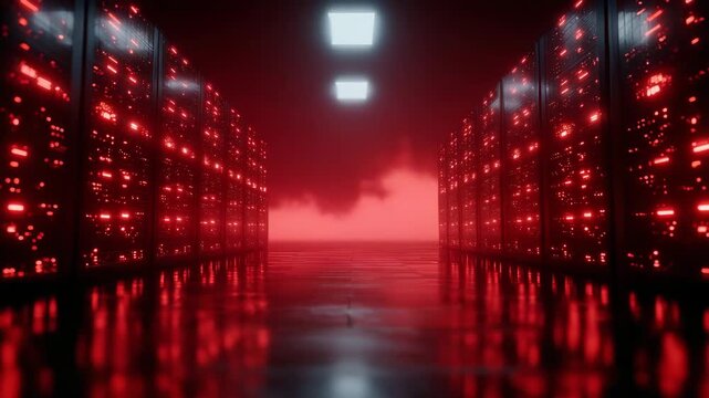 Dramatic low-light composition of data center servers under red emergency lighting, misty atmosphere emphasizing the urgency of a system alert